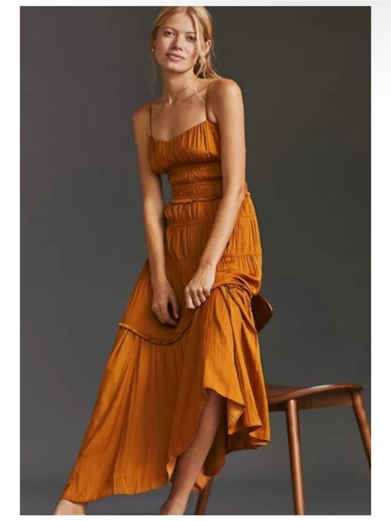 Anthropologie Dresses & Skirts - Anthropologie Gold Rust Ruched Tiered Satin Slip Milkmaid Cottage Dress- 4